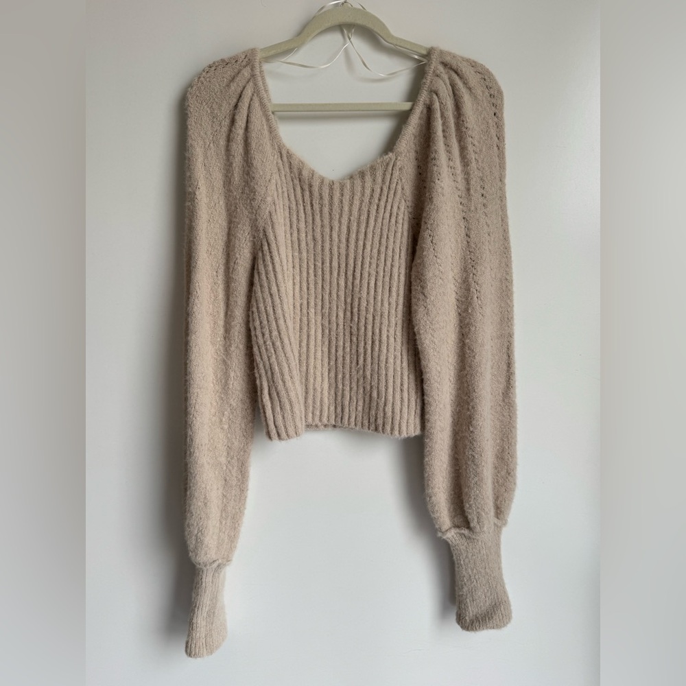 Free People Katie Rib Pullover Sweater Large Sand Balloon Sleeve Rib Cropped - Picture 7 of 11